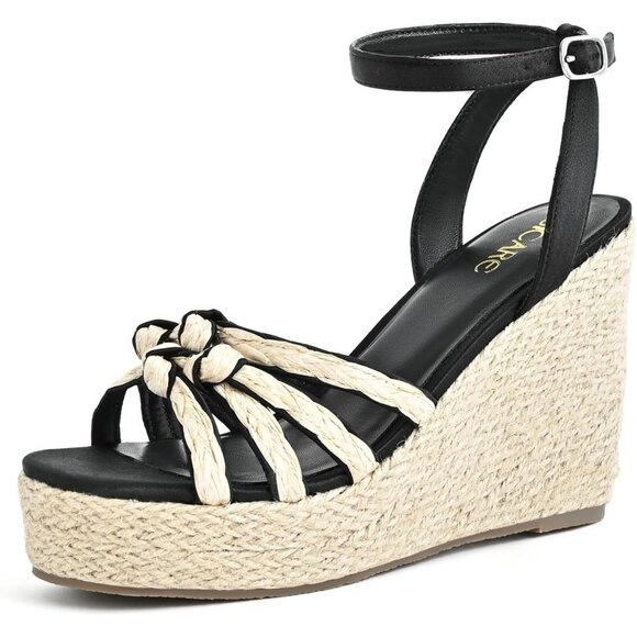 Sicare Open Toe Wedge Raffia Black Women Espadrilles Braided Strappy Sandal - Picture 1 of 10